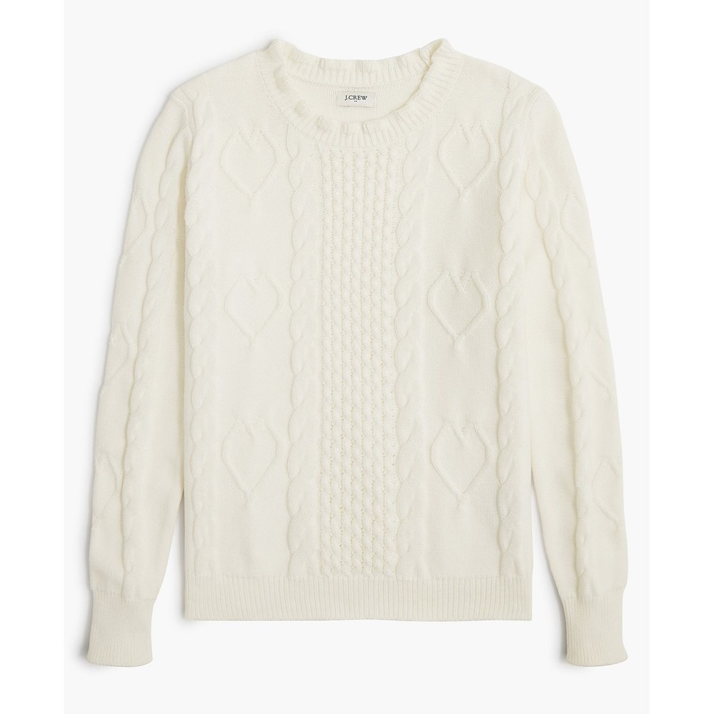 J.Crew Womens Ivory Cotton Heart Cable Knit Ruffle Neck Sweater Medium